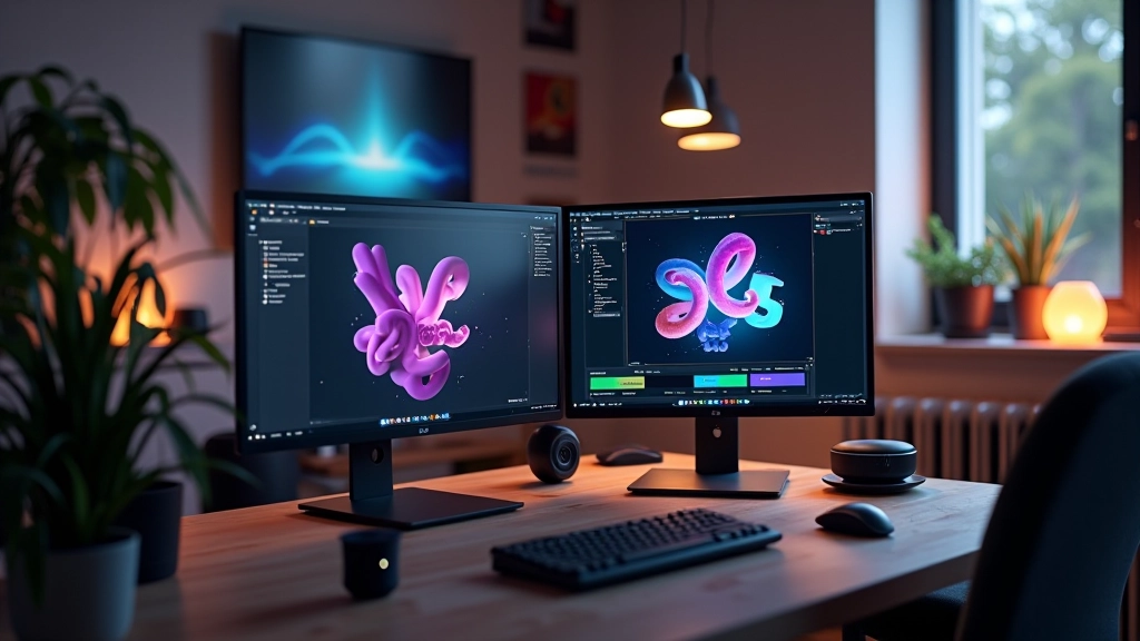 Espace de travail 3D moderne avec écran affichant une modélisation 3D avancée