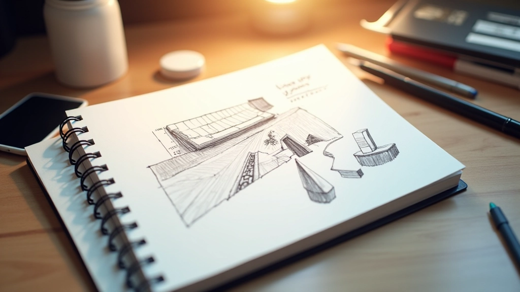 Carnet de croquis avec des dessins 3D et des notes de design